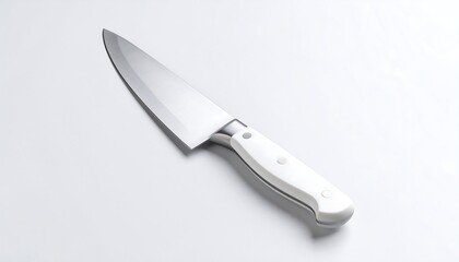 A chef's knife, white handle