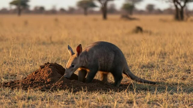 Aardvark digging burrow in dry savanna grassland during golden hour sunset. African wildlife behavior in natural habitat for documentary and educational content