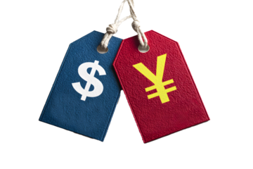 Dollar and Yen Currency Tags Hanging on transparent background