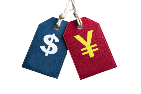 Dollar and Yen Currency Tags Hanging on transparent background