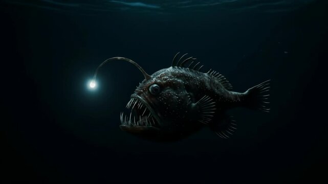 Deep sea anglerfish with glowing lure and sharp teeth in dark ocean depths. Bioluminescent marine creature for underwater exploration and marine biology education