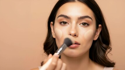 Woman applying foundation makeup with brush on face against beige background. Beauty skincare routine and cosmetic application tutorial for wellness marketing