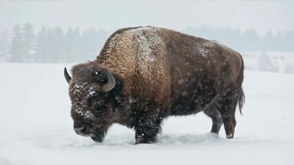 American bison covered in snow standing in winter landscape during blizzard. Large mammal survival in harsh cold weather conditions for wildlife documentaries - Powered by Adobe