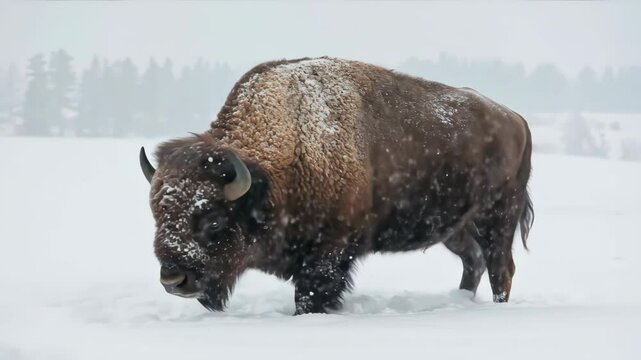 American bison covered in snow standing in winter landscape during blizzard. Large mammal survival in harsh cold weather conditions for wildlife documentaries