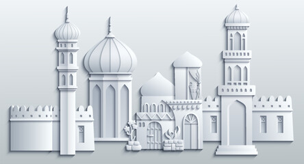 White paper cut style vector illustration of an oriental city with domes, towers, and minarets. Perfect for Arabian, Islamic, and fairytale themed designs