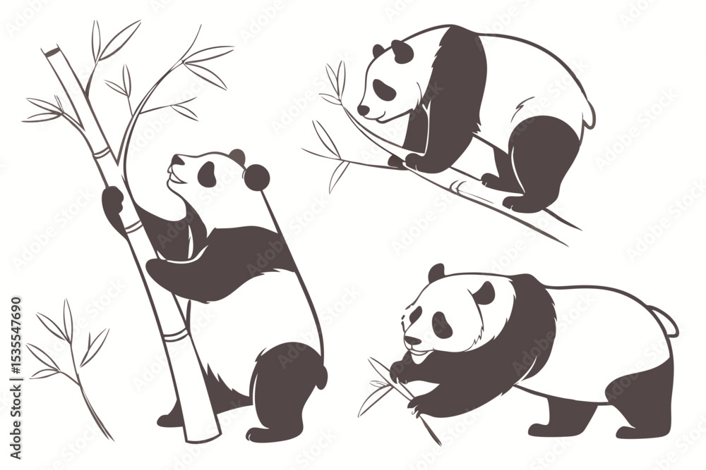 Poster Vector illustration of playful pandas interacting with bamboo stalks in a minimalist design
