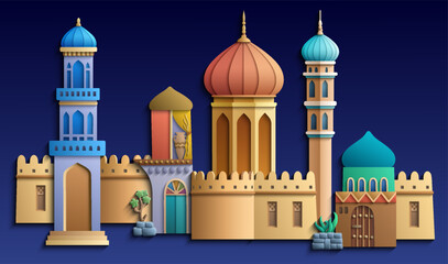Colorful paper cut style vector illustration of an oriental city with domes, towers, and minarets. Perfect for Arabian, Islamic, and fairytale themed designs