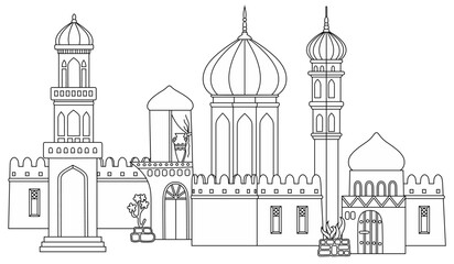 Line art vector illustration of an oriental city with domes, towers, and minarets. Perfect for Arabian, Islamic, and fairytale themed designs