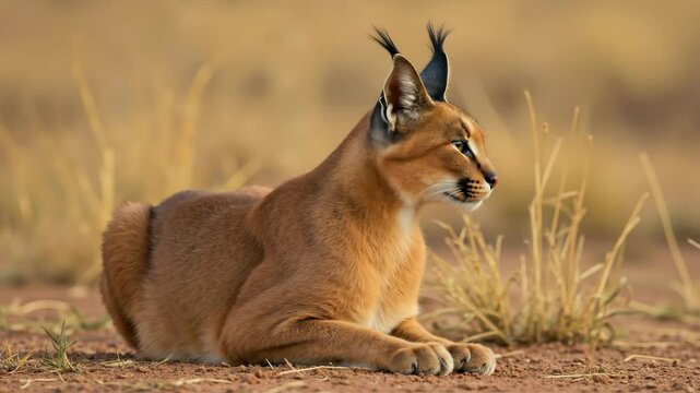 Caracal wild cat resting in golden savanna grass with distinctive black ear tufts and alert expression. African feline predator for wildlife conservation documentaries