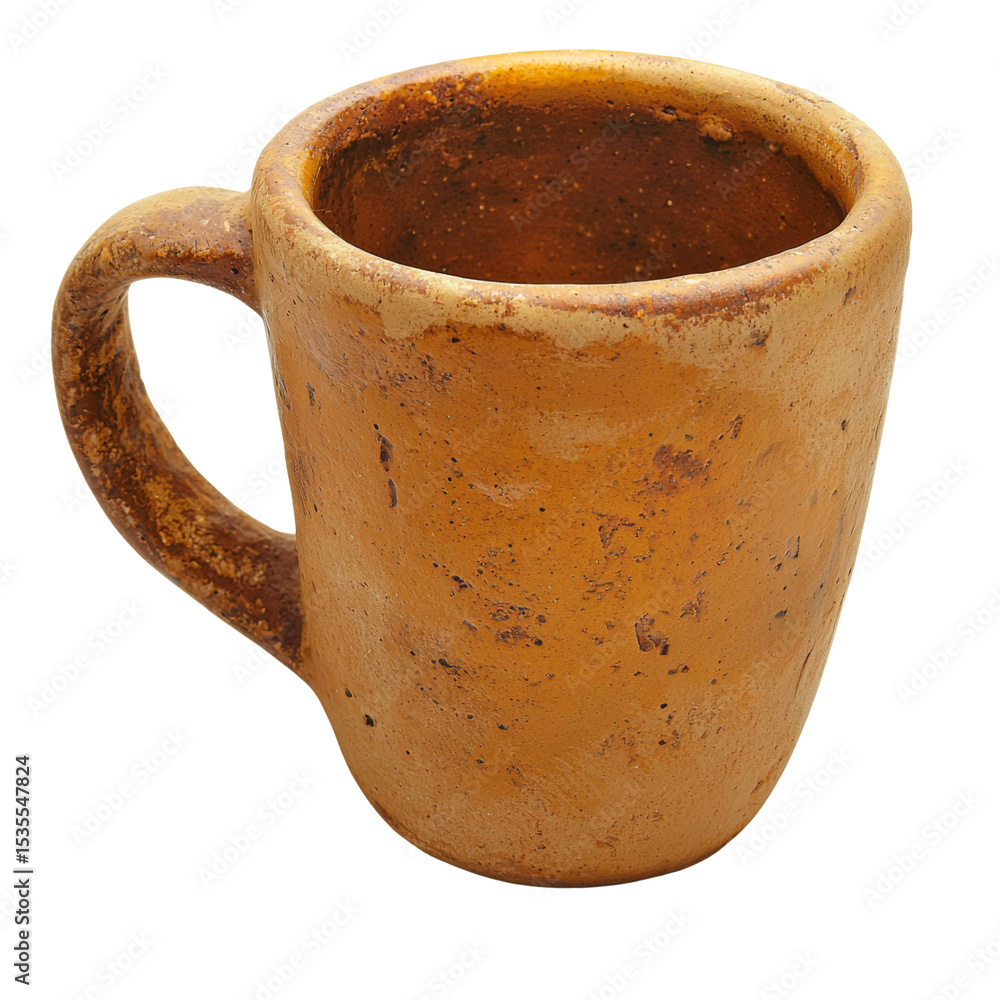Poster rustic ceramic mug with textured surface and warm orange color, perfect for enjoying hot beverages. 