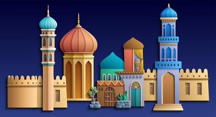 Colorful paper cut style vector illustration of an oriental city with domes, towers, and minarets. Perfect for Arabian, Islamic, and fairytale themed designs