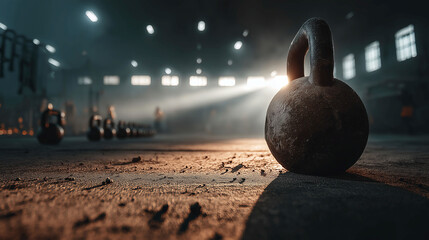 A kettlebell sits on a gym floor in dramatic lighting, with a spacious fitness facility in the background.