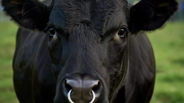 Black bull with nose ring looking directly at camera on green pasture background. Farm livestock portrait for agriculture and cattle breeding industry