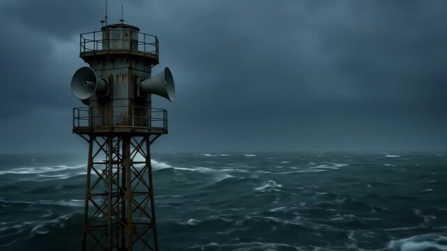 Emergency warning tower with loudspeakers standing in rough stormy ocean waves during severe weather. Coastal safety system for disaster alert and maritime rescue