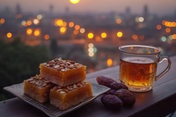 Golden basbousa squares with almonds, dates, mint tea on Cairo rooftop