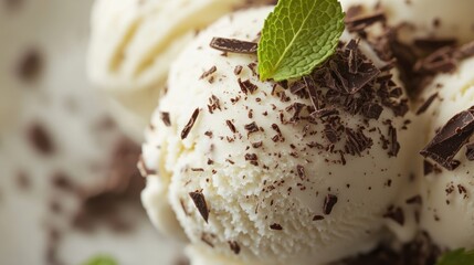 Delicious vanilla ice cream scoops topped with chocolate shavings and mint leaf