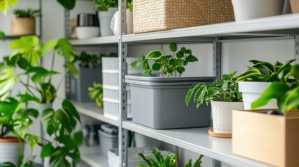 Fototapeta premium Indoor gardening with various potted plants and storage solutions on metal shelves