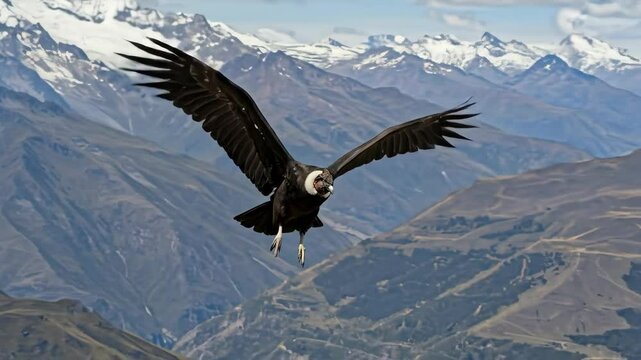 Andean condor soaring over snow-capped mountain peaks with outstretched wings against blue sky. Majestic bird of prey for wildlife conservation documentaries