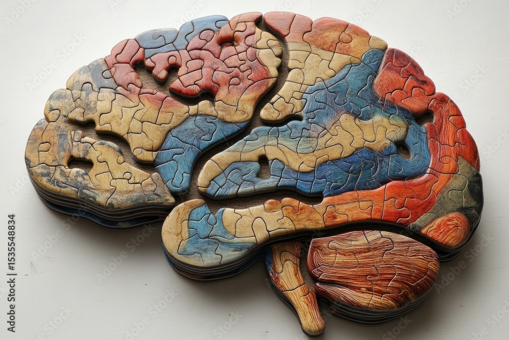 Poster intricate wooden puzzle forming a brain, symbolizing mental processes, cognitive function, and probl