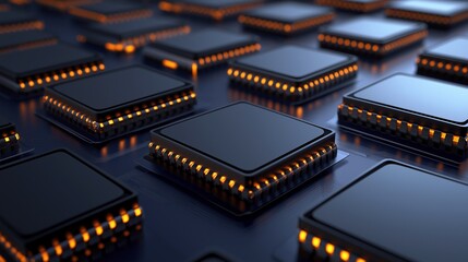 Microprocessors rows on black circuit board image render 3d. Innovative technology. Digital chips with orange lights background realistic graphic. Conceptual idea, visual storytelling