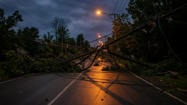 Storm damaged power lines and fallen trees blocking residential street after severe weather. Natural disaster emergency requiring utility repair and insurance claims