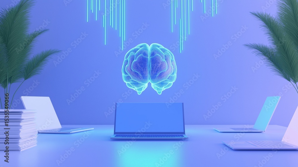 Poster digital brain over conference table image render 3d. integrating ai services for modern business imp