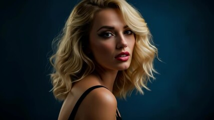 Blonde woman with wavy hair and red lipstick posing in black dress against dark blue background. Glamorous beauty portrait for fashion, cosmetics and haircare advertising