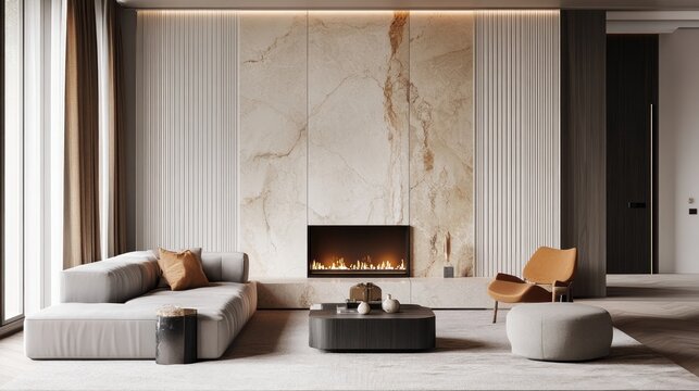 Elegant modern living room with fireplace, luxury furniture, and sophisticated design