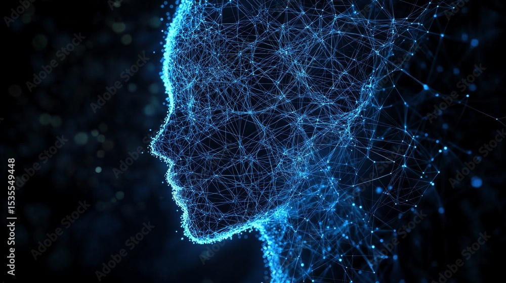 Poster virtual assistant profile of digital mesh image render 3d. ai technology and internet network. netwo