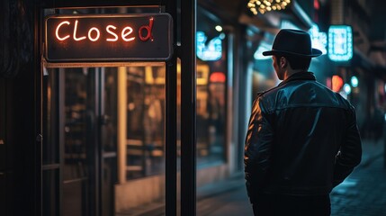 Man in hat standing by closed neon sign on a rainy, cinematic urban street