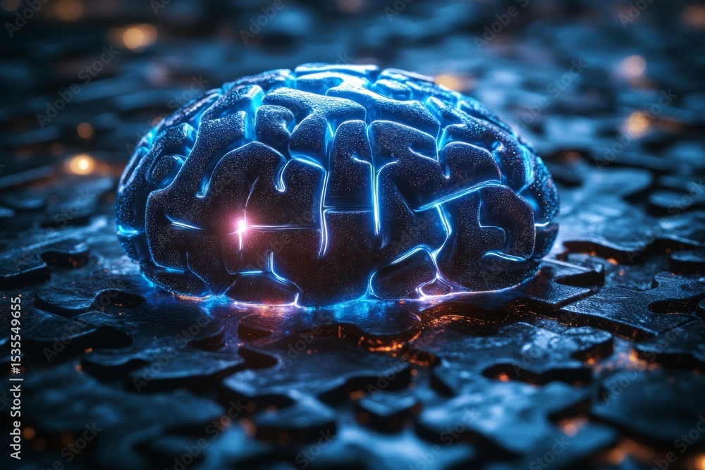 Poster artificial intelligence concept with a glowing brain resting on interlocking puzzle pieces