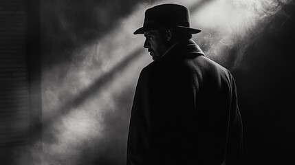 Mysterious man in shadows: A noir style character portrait in monochrome