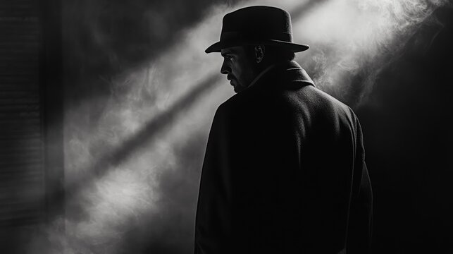 Mysterious man in shadows: A noir style character portrait in monochrome