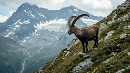 Wild ibex goat with large curved horns standing on rocky mountain slope. Alpine animal in natural mountainous habitat with snow peaks background