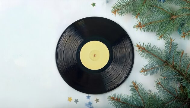 vintage vinyl record with yellow label on white wooden background framed by green pine branches ideal for holiday music poster, retro album cover, or seasonal branding

