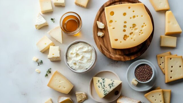 Variety of cheeses arranged on a light surface. Includes soft cheese, hard cheese, and cheese crackers. Accompanied by honey