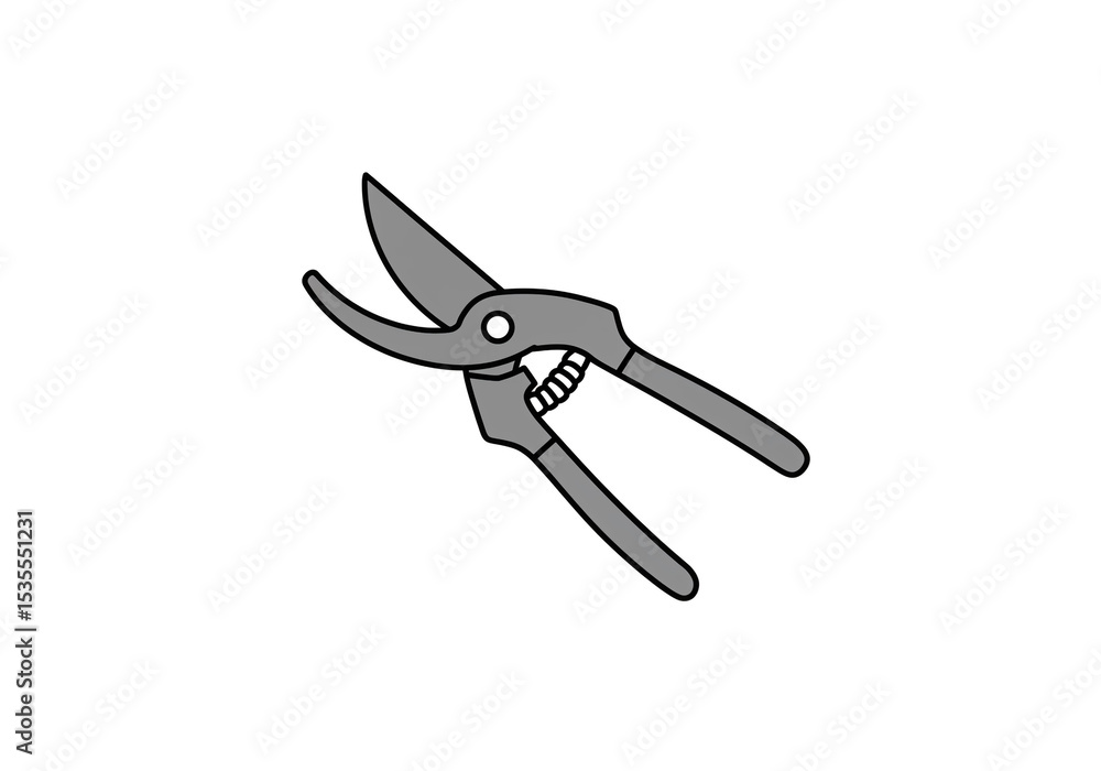 Poster a simple illustration of gray pruning shears with a spring on a plain white isolated background