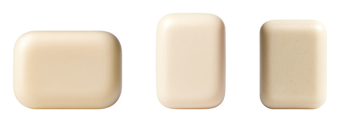 Collection of Elegantly Shaped and Smooth Cream-Colored Soap Bars Arranged in a Row, Isolated on Transparent and White Background