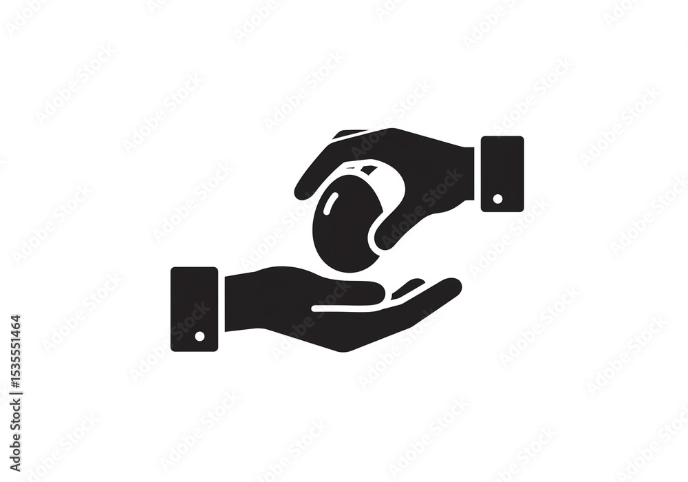 Poster illustration of hands passing a round object against a white background in a simple design