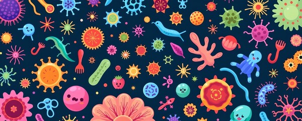 Fototapeta premium illustration of gut flora diversity with colorful bacteria, microbiome balance theme, art, centered