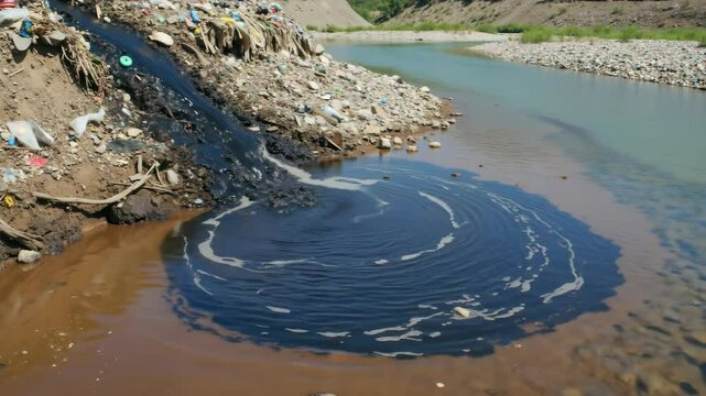 Industrial sewage discharge creating blue pollution in water near garbage dump. Environmental contamination from waste treatment plant affecting natural ecosystem