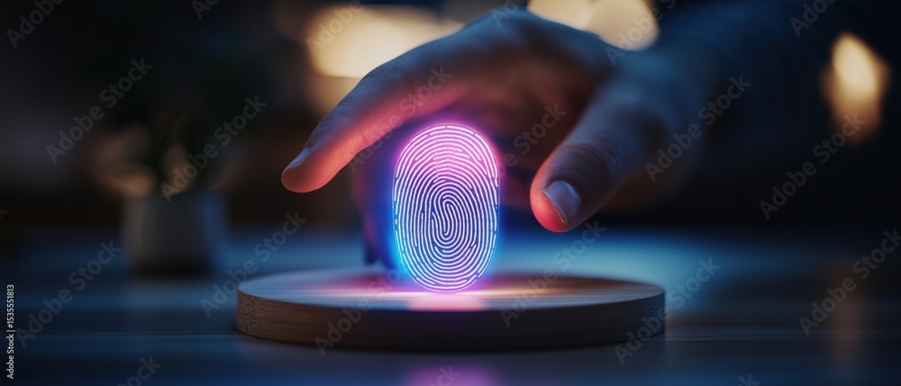 Poster futuristic fingerprint scanning device with holographic projection and biometric technology in a mod
