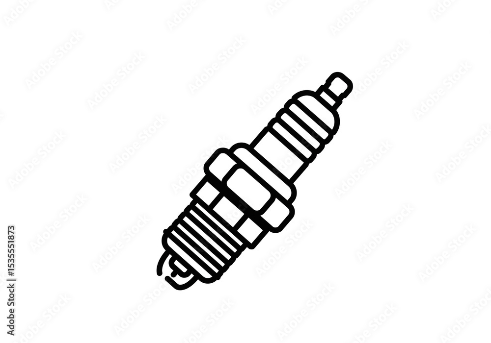 Poster a simple black and white line drawing of a spark plug on a plain white background in a vector style
