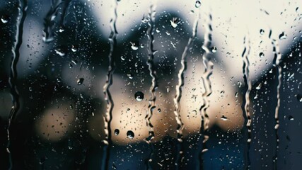 Rain drops flowing down window glass with blurred street view behind creating wet weather atmosphere. Water droplets on transparent surface for storm and climate themes - Powered by Adobe