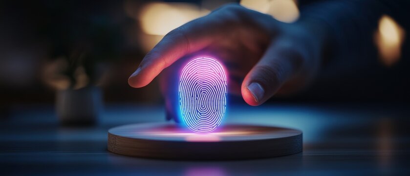 futuristic fingerprint scanning device with holographic projection and biometric technology in a modern setting