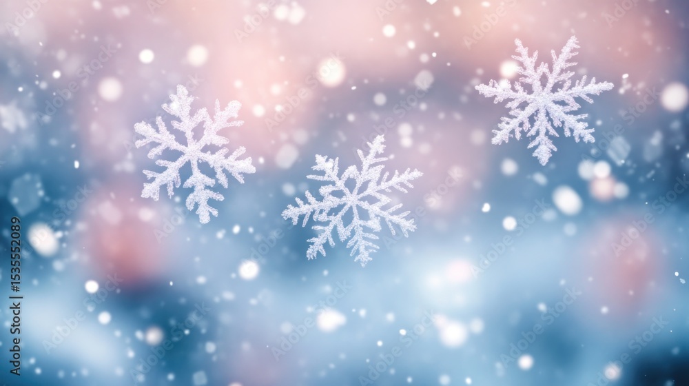 Poster enchanting winter snowfall scene with delicate snowflakes on a soft bokeh background