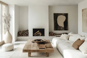 Minimalist living room with a focus on natural light and textures.  A neutral color palette creates a serene atmosphere