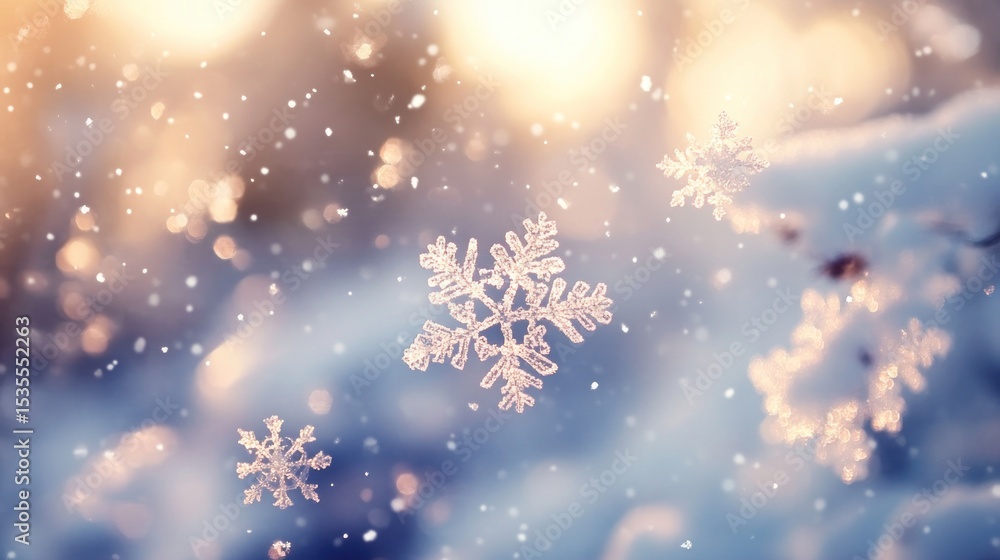 Poster magical winter scene with shimmering snowflakes falling in soft light and dreamy bokeh