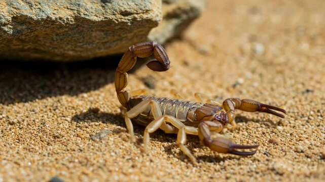 Brown scorpion with raised tail and pincers standing on sandy desert ground near rock. Dangerous arachnid predator in natural arid habitat for wildlife content