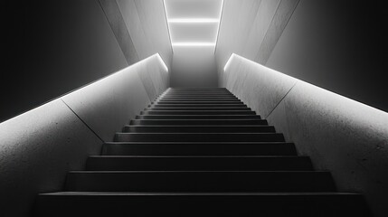 Fototapeta premium Monochrome stairs leading upward towards luminous light, reflecting ambition